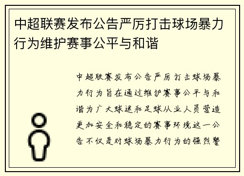中超联赛发布公告严厉打击球场暴力行为维护赛事公平与和谐